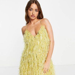 ASOS EDITION faux feather & sequin mini dress with low back in lemon